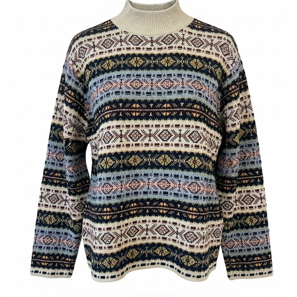 Nordic Fair Isle Smock Neck Sweater Large 100% Cotton - Picture 9 of 9